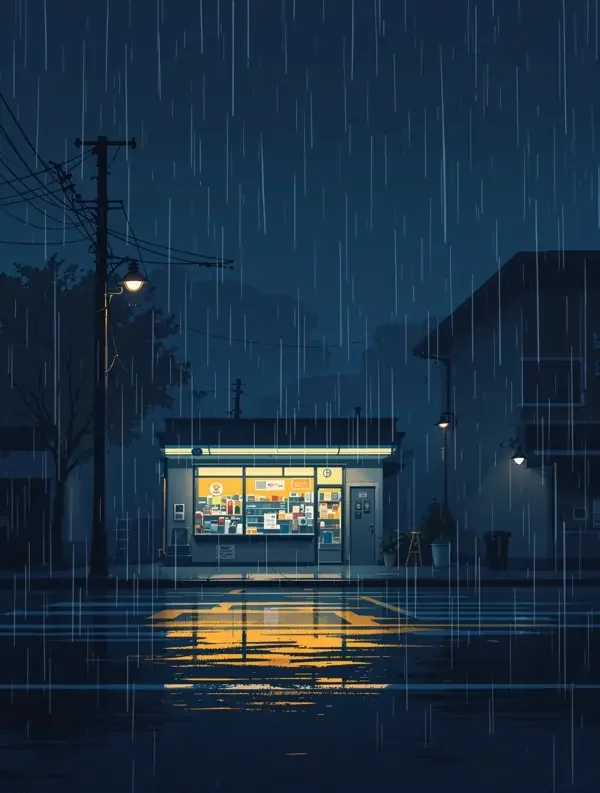雨天便利店封面插画，都市、情感、日常题材，作者何知