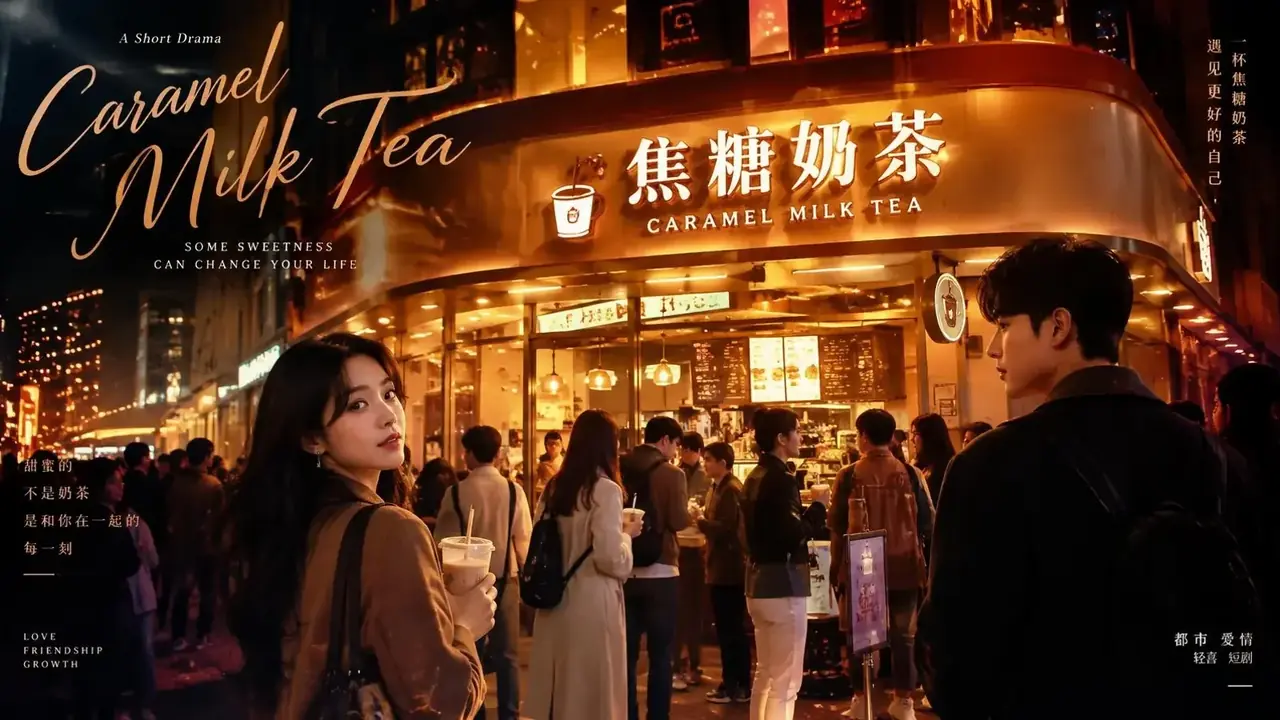 奶茶驿站推荐主视觉插画，日常、治愈、深夜推荐题材，高林斑纹阅读风场景